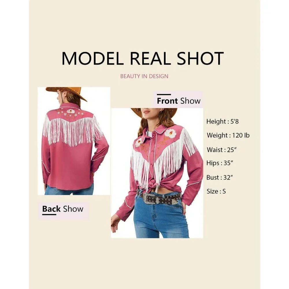 Women's Pink Floral Embroidered Fringe Western Rodeo Button Down Blouse Tops - Picture 5 of 5